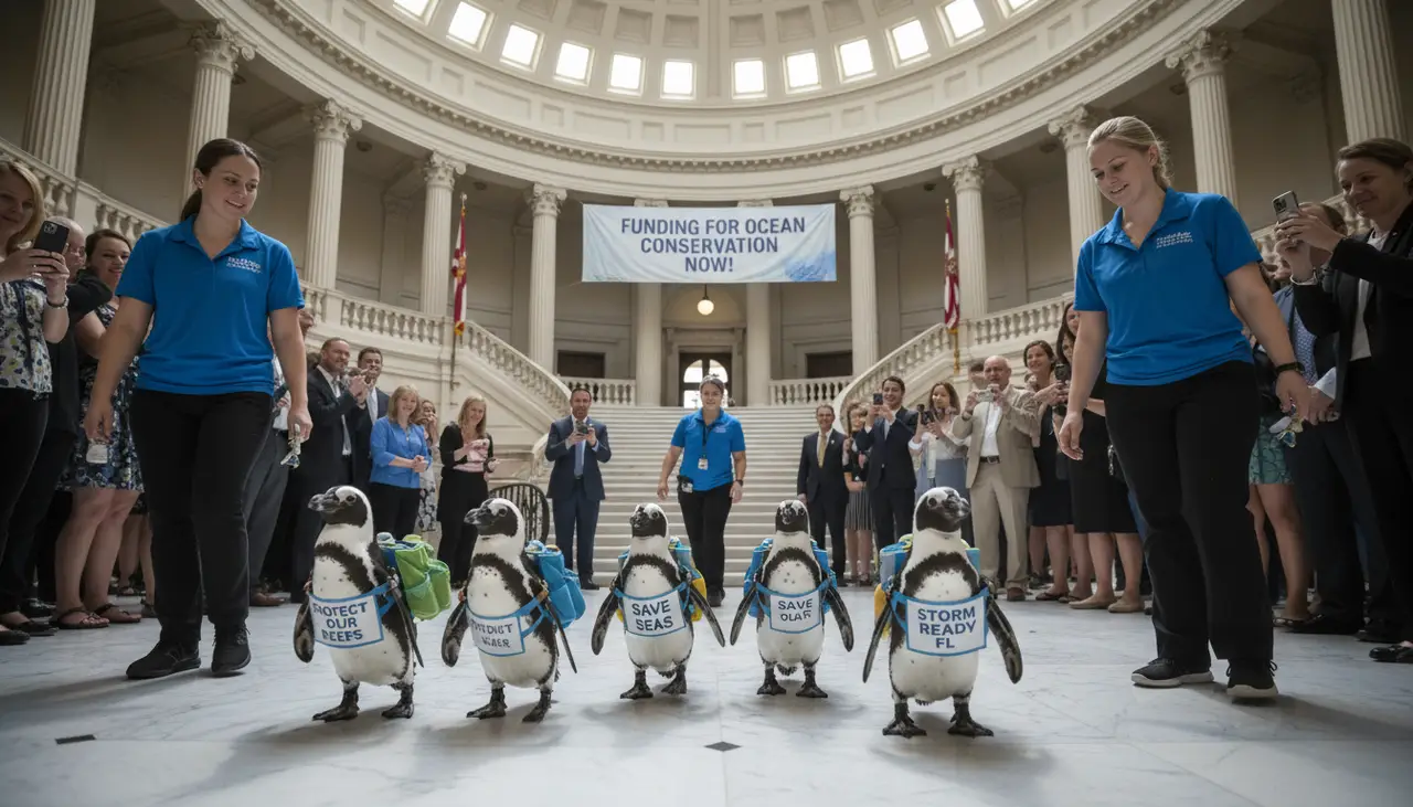 Florida Aquarium penguins visit state capitol to push for storm protection, reef restoration funding