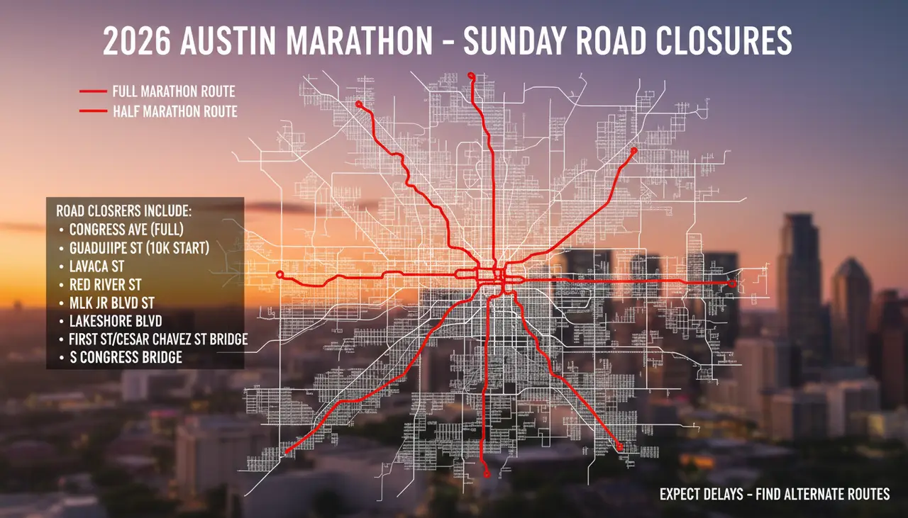 Here are the roads that will be closed on Sunday during the 2026 Austin Marathon