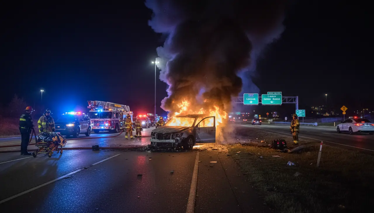 Lenexa woman seriously hurt after SUV crashes, catches fire on I-435