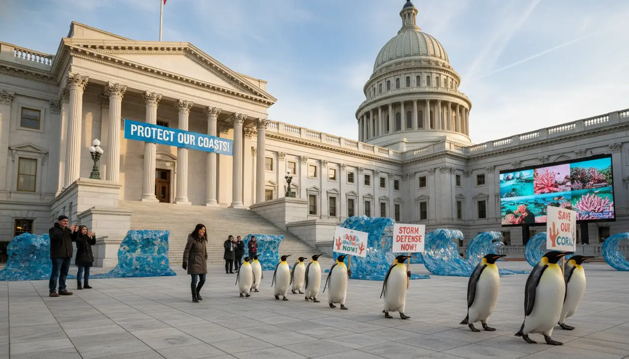 Penguins return to State Capitol to highlight storm protection and coral funding