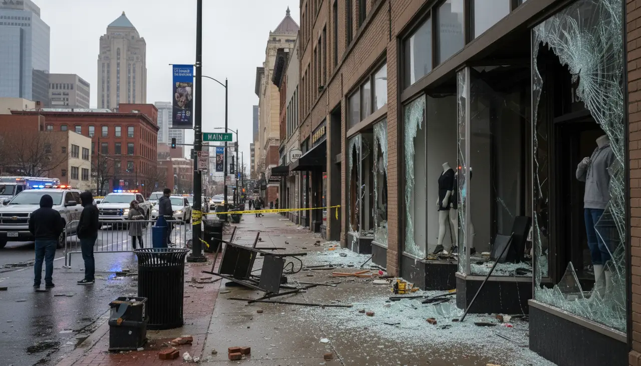 Several storefront windows smashed along Kansas City’s Main Street